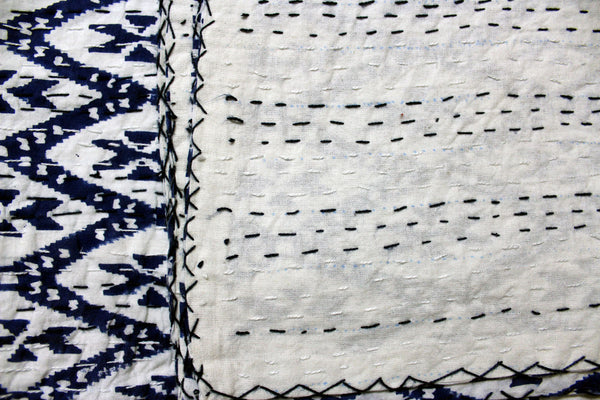 Hand Block Print Ikat Print Kantha 100%Cotton Queen Size Kantha Bedcover Blue - Mangogiftsstore