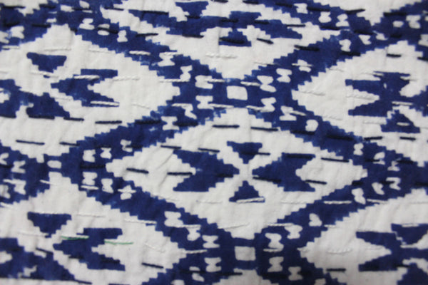 Hand Block Print Ikat Print Kantha 100%Cotton Queen Size Kantha Bedcover Blue - Mangogiftsstore