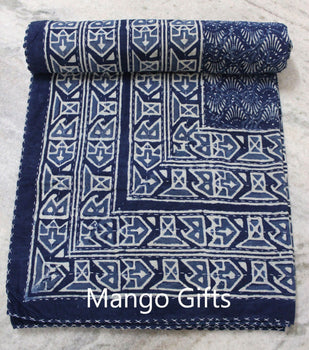 Indigo Hand Block Print 100%Cotton Kantha Bedcover Traditional Indian Home Decor - Mangogiftsstore