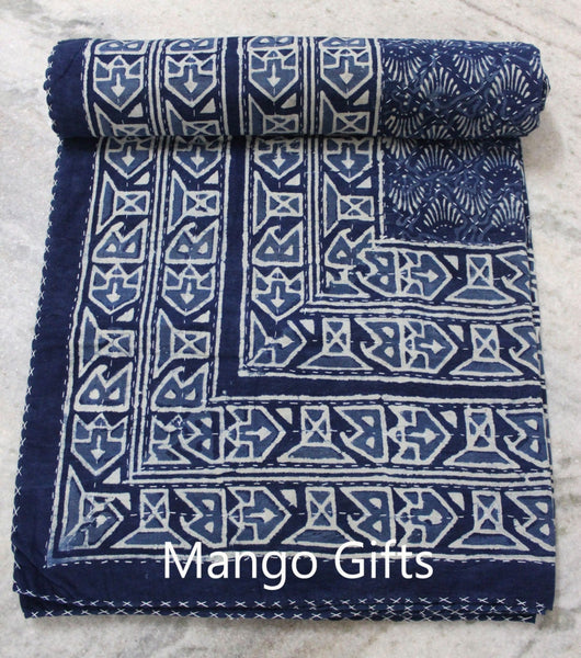 Indigo Hand Block Print 100%Cotton Kantha Bedcover Traditional Indian Home Decor - Mangogiftsstore