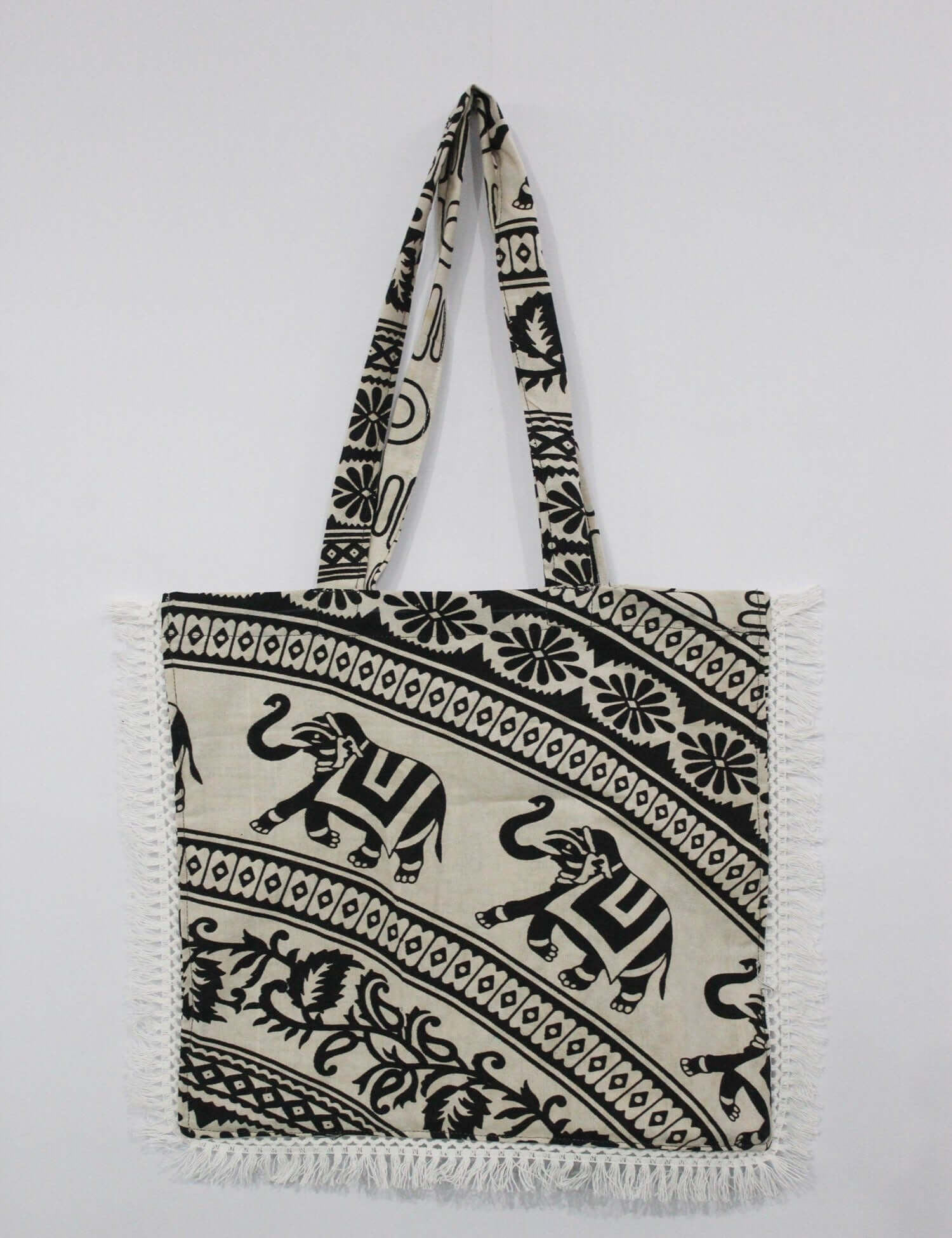 Shop 100% cotton elephant mandala beach bags. Stylish, eco-friendly, and machine washable. Perfect for shopping and picnics!