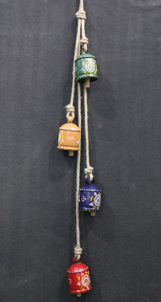 Hand Painted Iron Tin Cow Bells Hanging Chime Rustic Rope Indian Metal Crafts