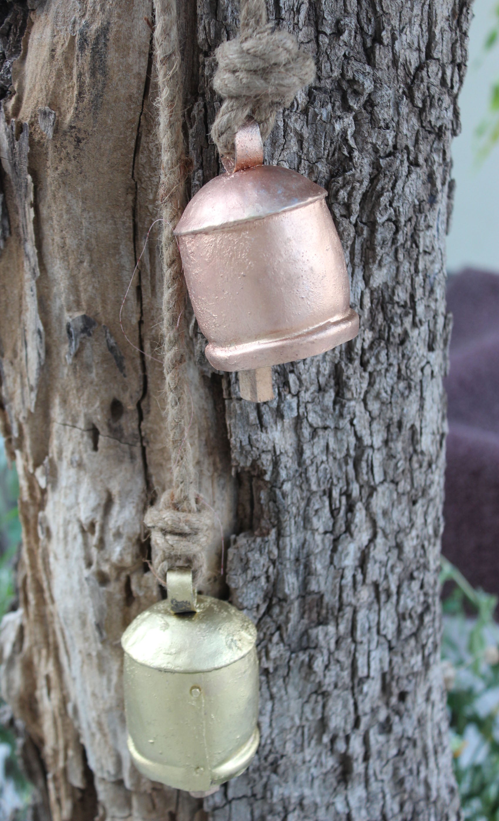 Gold , Silver , Copper and Bronze Color Iron Tin Cow Bells Hanging Chime Rustic Rope Indian Metal Crafts