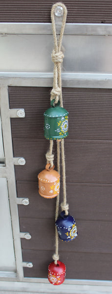 Hand Painted Iron Tin Cow Bells Hanging Chime Rustic Rope Indian Metal Crafts