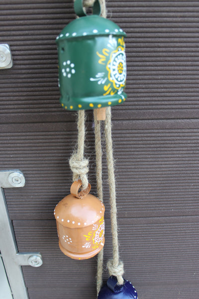 Hand Painted Iron Tin Cow Bells Hanging Chime Rustic Rope Indian Metal Crafts