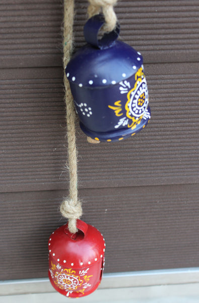 Hand Painted Iron Tin Cow Bells Hanging Chime Rustic Rope Indian Metal Crafts