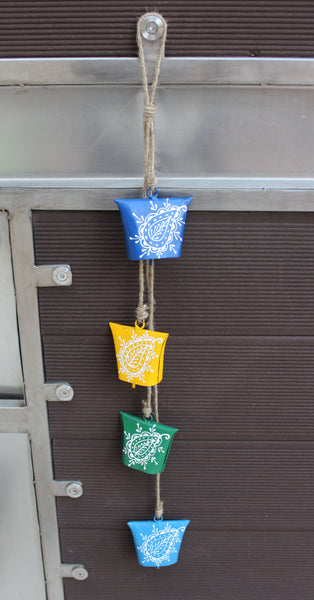 Hand Painted Iron Tin Cow Bells Hanging Chime Rustic Rope Indian Metal Crafts 70 cm Length