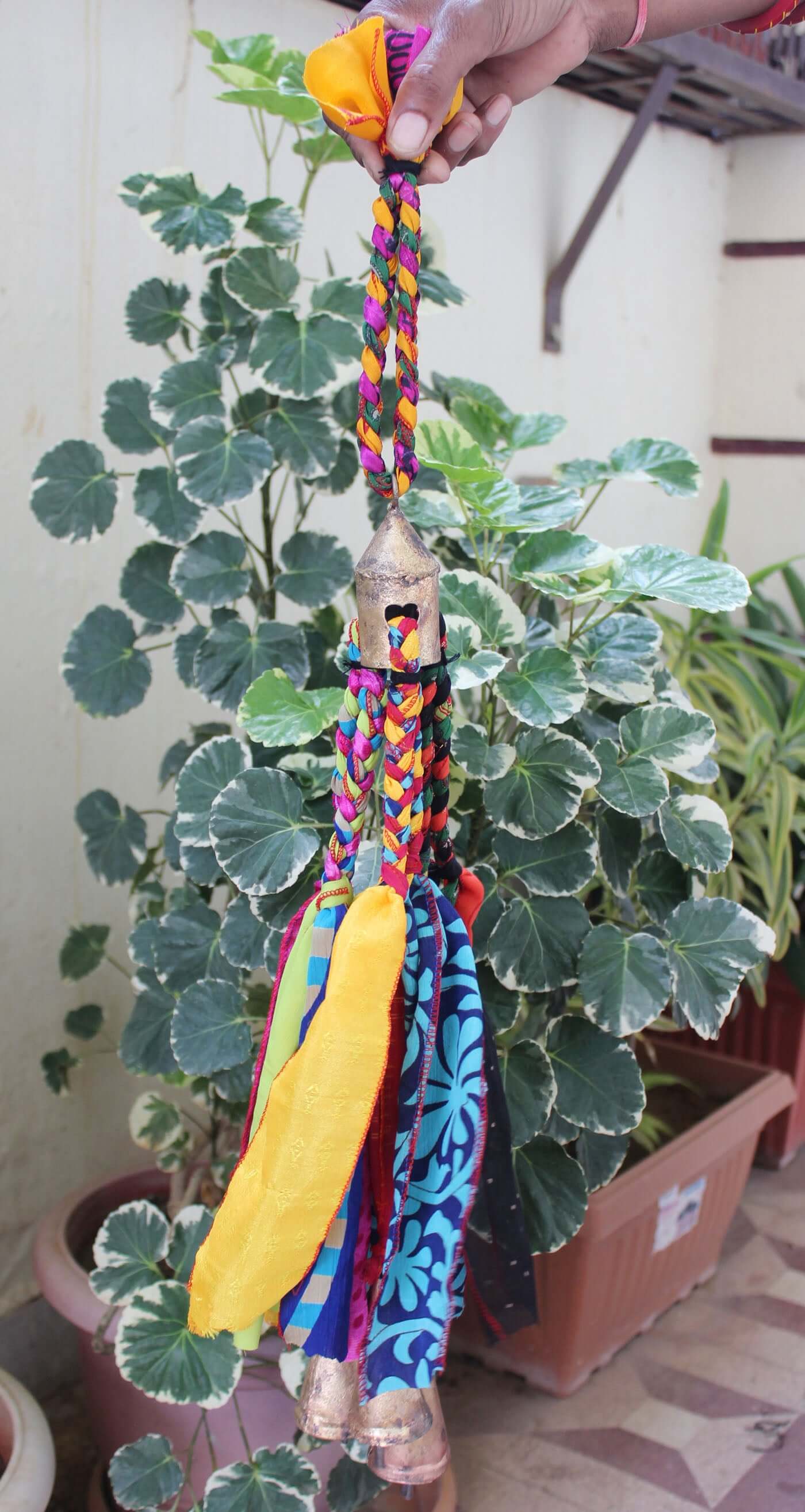 Shop our multi-color Heart Bells Windchime, handmade from recycled silk sari. Perfect for patios and parties. 24" of bohemian charm!