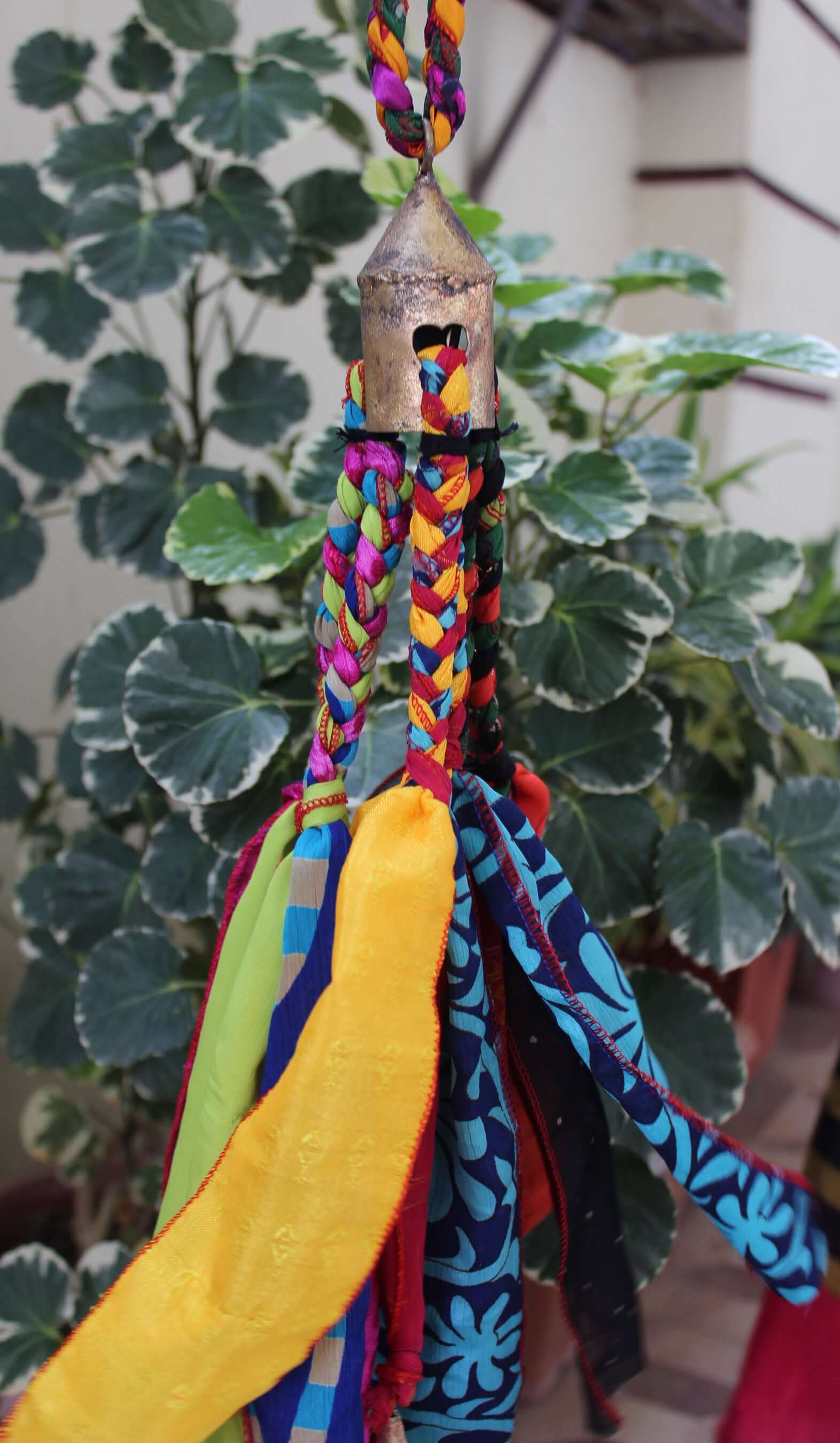 Shop our multi-color Heart Bells Windchime, handmade from recycled silk sari. Perfect for patios and parties. 24" of bohemian charm!