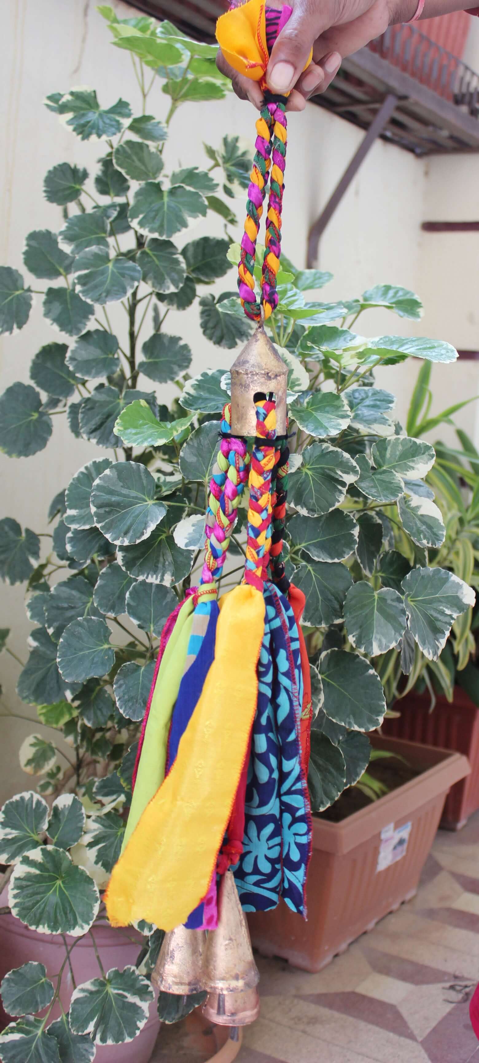 Shop our multi-color Heart Bells Windchime, handmade from recycled silk sari. Perfect for patios and parties. 24" of bohemian charm!