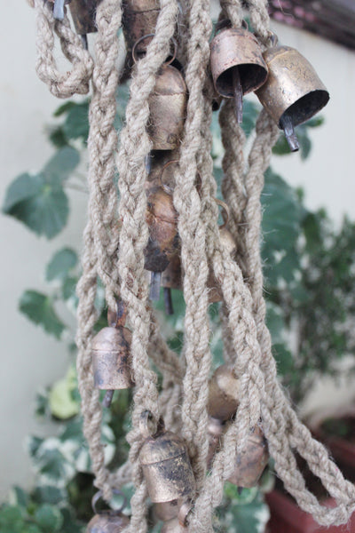 Rustic Iron Tin Bells Jute Rope Garland Farmhouse , Outdoor Garden , Patio Decoration