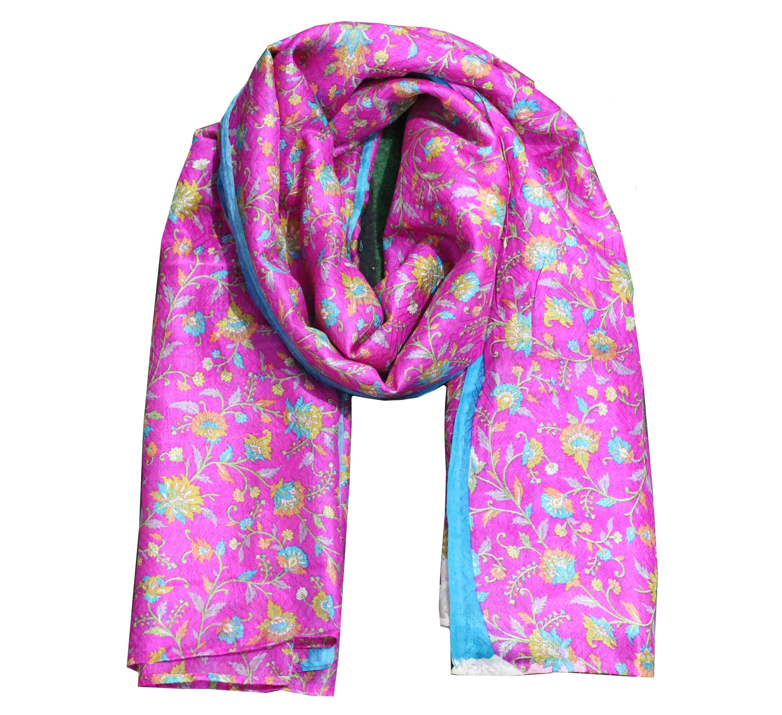 Indian Silk Floral Scarf in vibrant pink and blue floral print, 76x38 inches, perfect for elegant wraps.