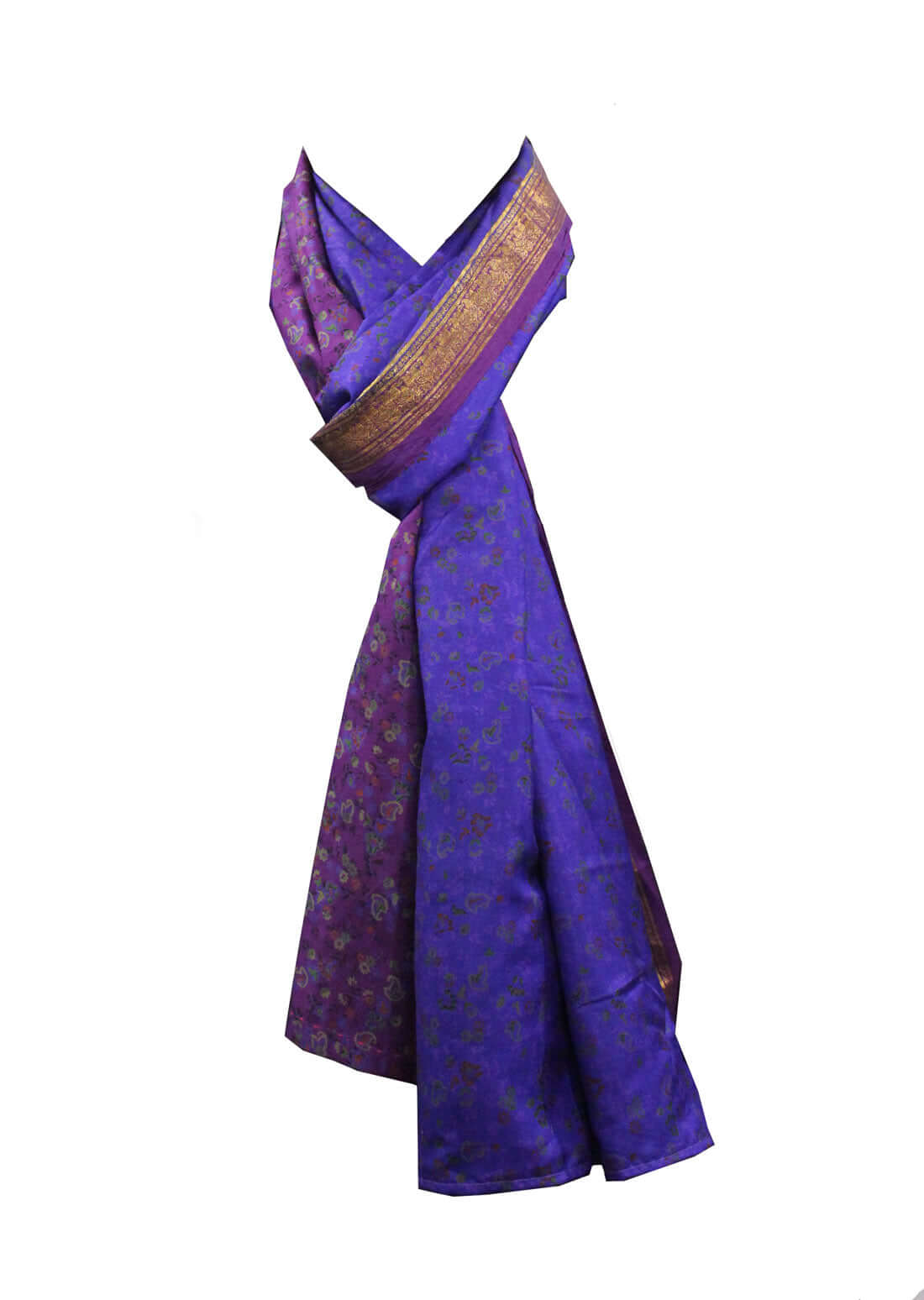 Elegant purple Indian Silk Floral Scarf showcasing intricate floral patterns and textures, measuring 76x38 inches.