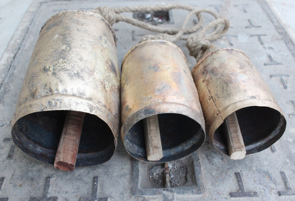 Harmony Bells set of 3 Pieces Rustic Iron Cow Bells Antique Finish Wooden Clapper Inside