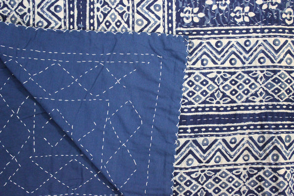 Indigo Hand Block Print 100%Cotton Kantha Bedcover Traditional Indian Home Decor - Mangogiftsstore