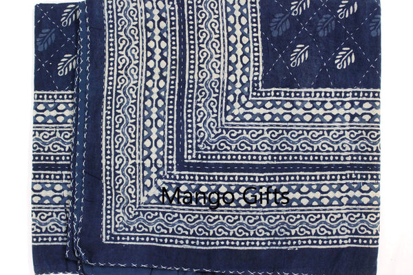 Indigo Hand Block Print 100%Cotton Kantha Bedcover Traditional Indian Home Decor - Mangogiftsstore