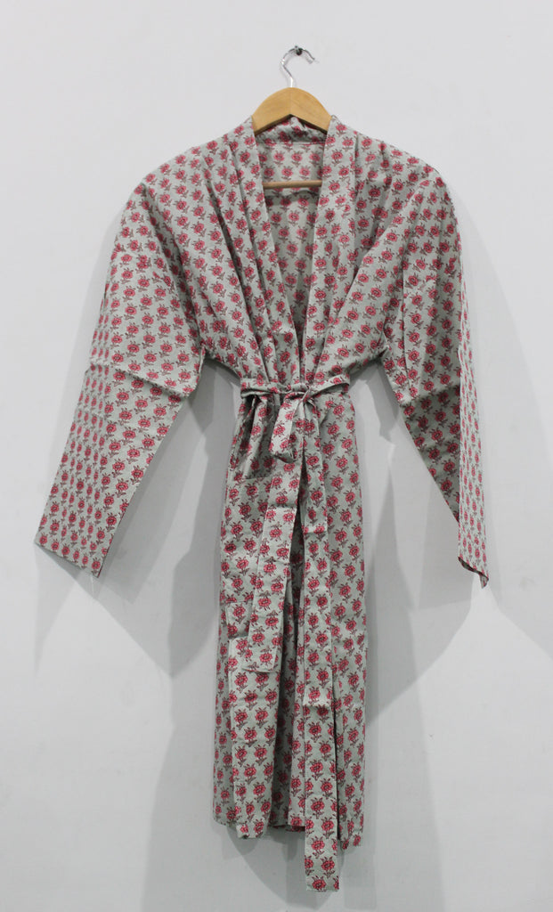 Robe Cotton Kantha Kimono Bath Robe One Size Block Print Floral Pale P –  m.a.d.e.