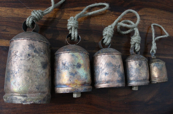 Mango Gifts Set of 5 Harmony Cow Bells Vintage Chimes Antique Copper Finish with Jute Rope