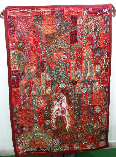 Indian Wall Hanging Embroidered Tapestry Red