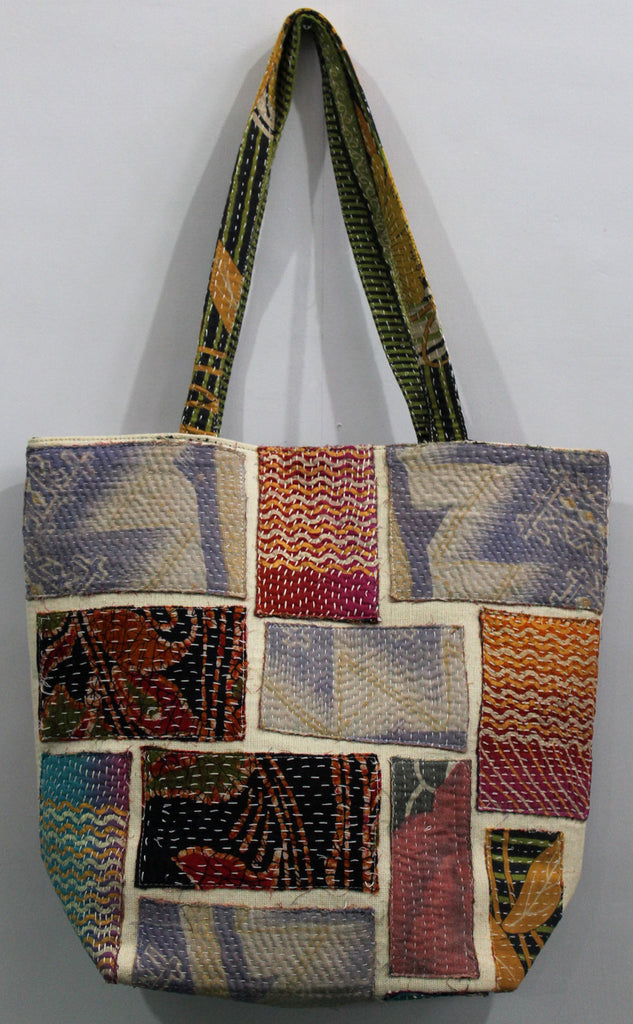 Class & Fancy Cotton Shopping carry Bag, Bunko Junko Eco Friendly, Reusable.Webbing  Cotton Belt Double Handle Patched Pattern Bag