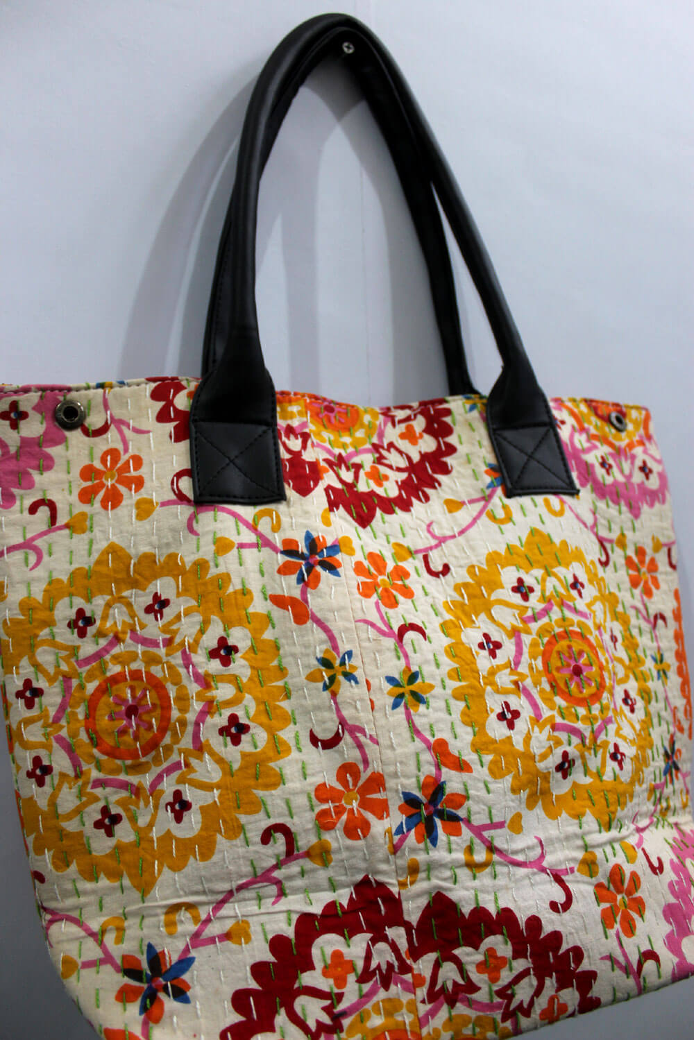 Chakra design handmade cotton tote bag with leather straps, ideal for shopping and picnics.