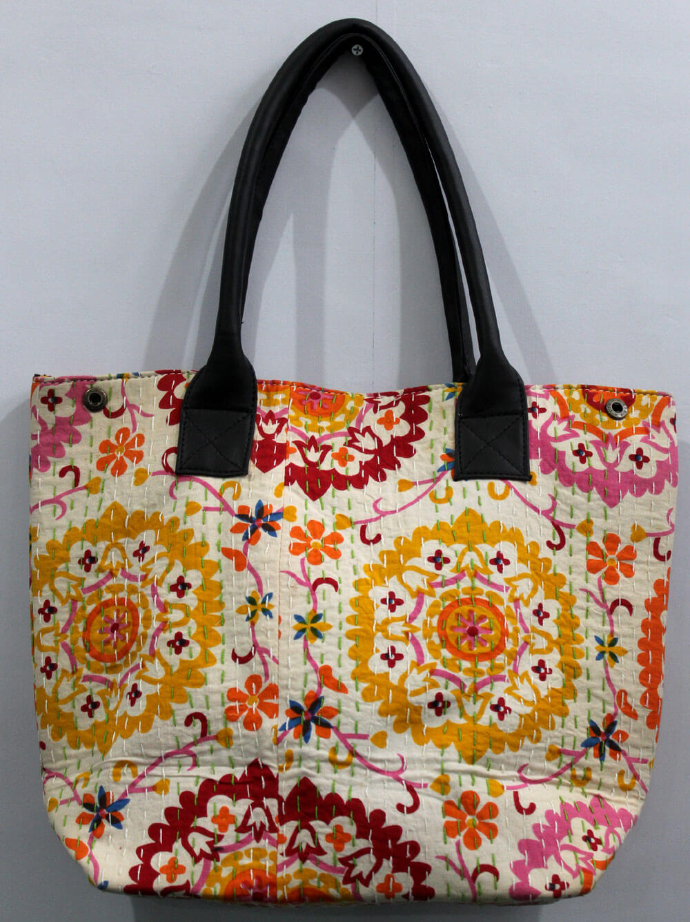 Chakra design tote bag, handmade cotton and leather, 13x16 inches, colorful floral pattern, ideal for shopping and picnics.