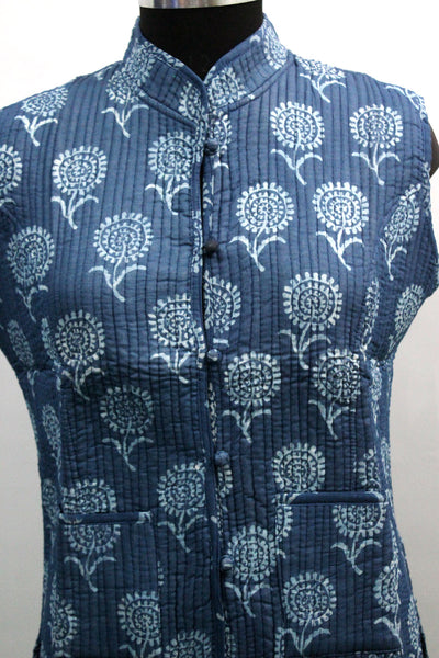 Women Printed Blue Quilted Cotton Lightweight Reversible Fashion Wear Jacket