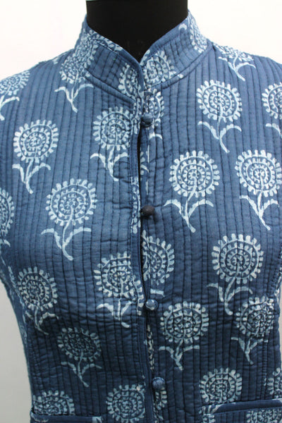 Women Printed Blue Quilted Cotton Lightweight Reversible Fashion Wear Jacket