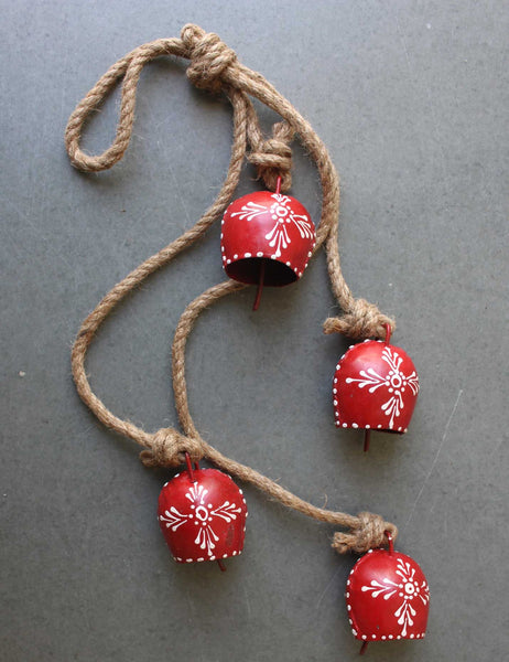 Decorative 4 Metal Bells with Rope, Hand Painted Indian Hanging Chime Patio Decoration - Mangogiftsstore