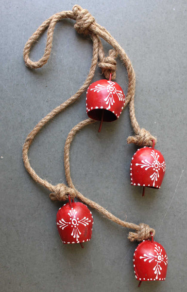 Decorative 4 Metal Bells with Rope, Hand Painted Indian Hanging Chime Patio Decoration - Mangogiftsstore