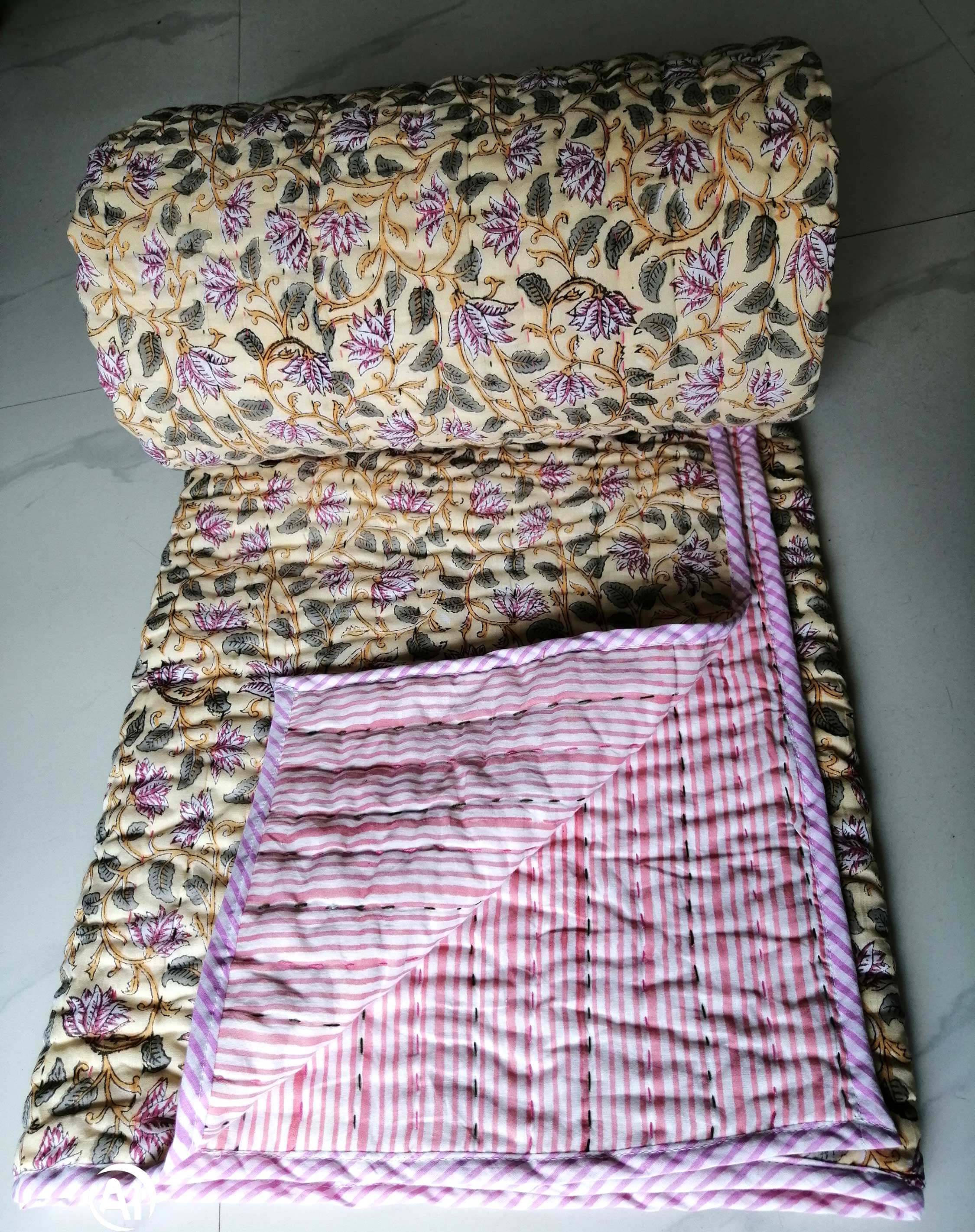 Reversible Katha Quilt 60x90 - Hand Quilted Jaipur Razai