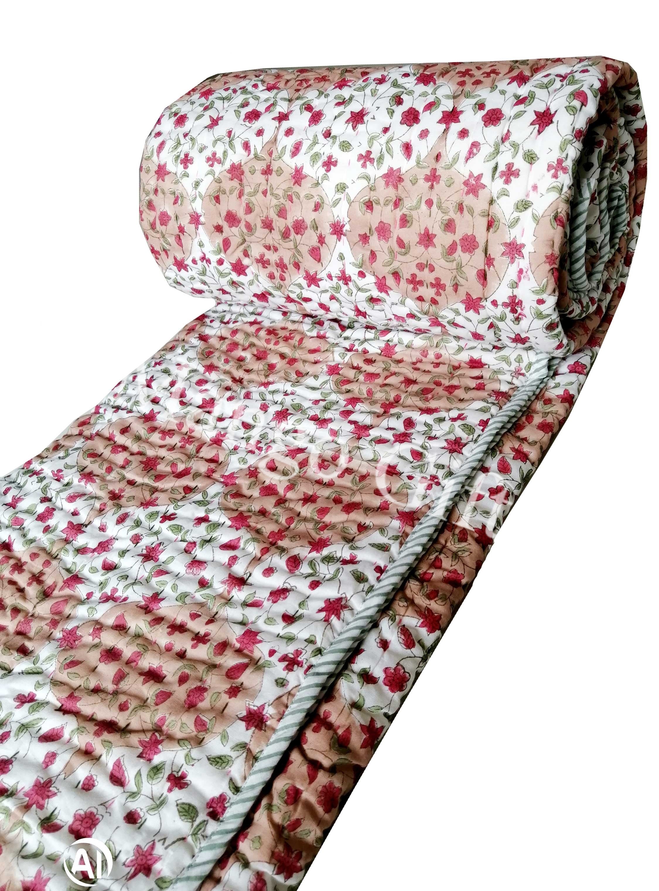 Hand Block Print 100%Cotton Reversible Quilt Lightweight , Soft , Cotton Filled Hand Quilted Quilts - Mangogiftsstore