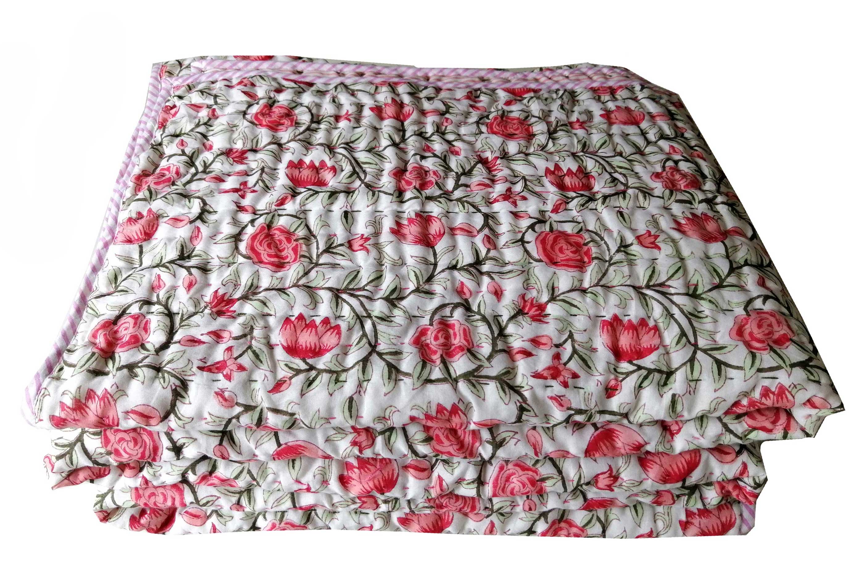 Hand Block Print 100%Cotton Reversible Quilt Lightweight , Soft , Cotton Filled Hand Quilted Quilts - Mangogiftsstore