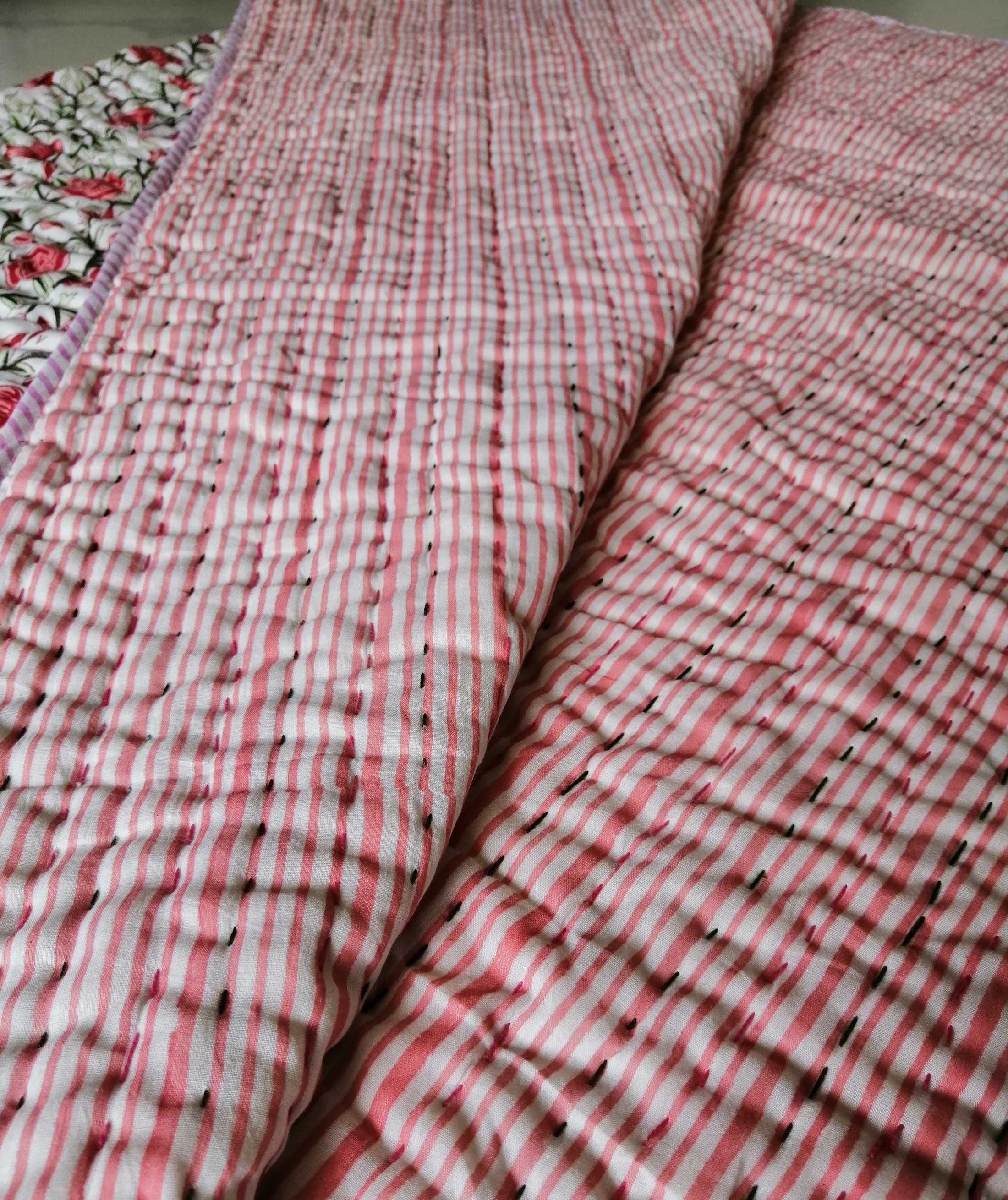 Hand Block Print 100%Cotton Reversible Quilt Lightweight , Soft , Cotton Filled Hand Quilted Quilts - Mangogiftsstore