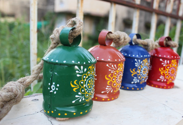 Hand Painted Iron Tin Cow Bells Hanging Chime Rustic Rope Indian Metal Crafts