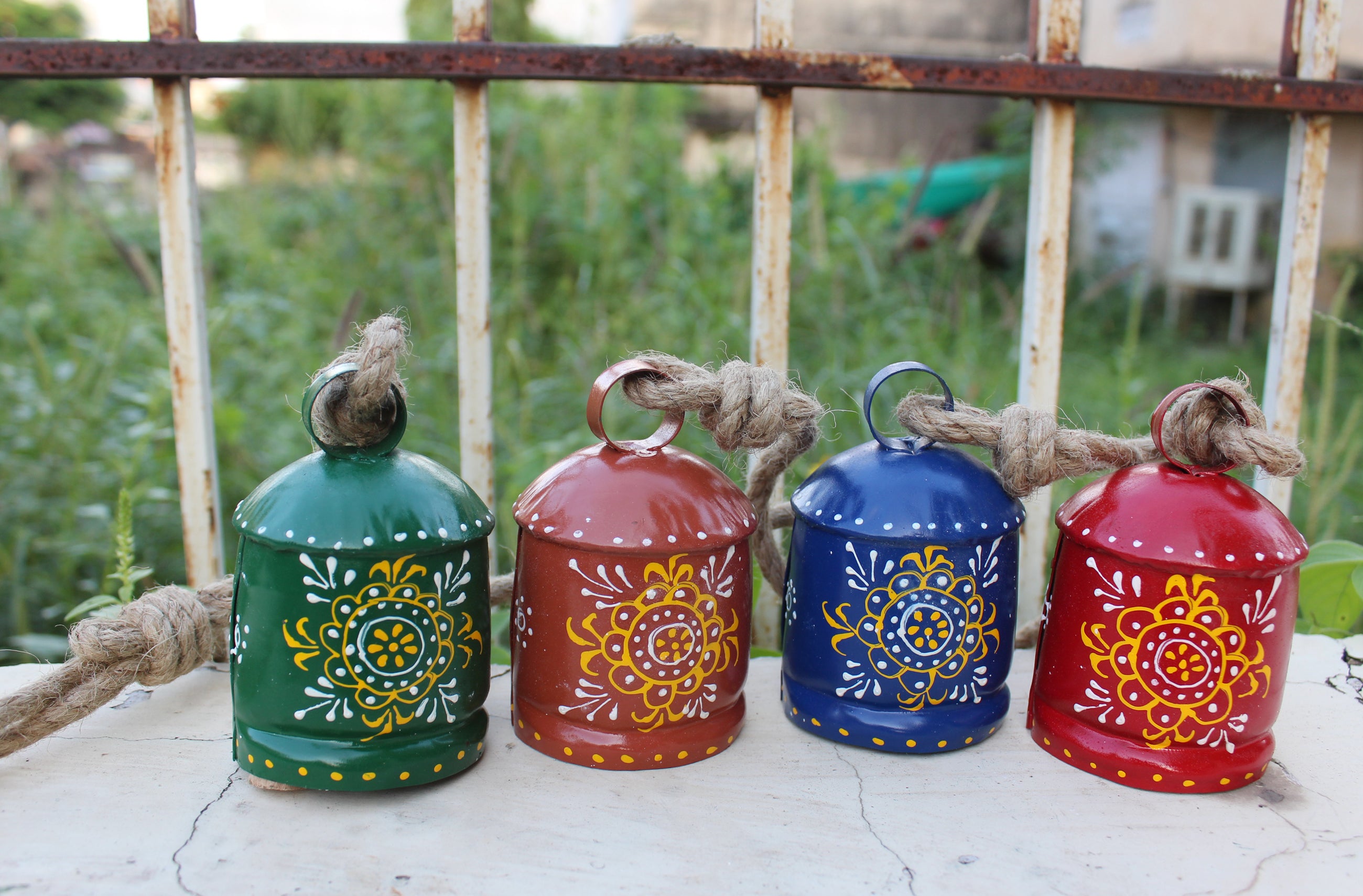 Hand Painted Iron Tin Cow Bells - Rustic Garden Chime