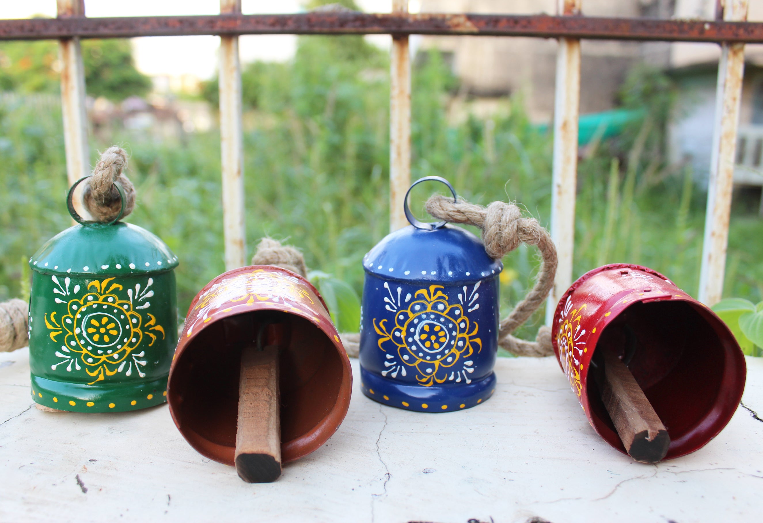 Hand Painted Iron Tin Cow Bells - Rustic Garden Chime