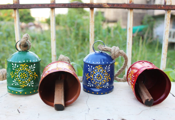 Hand Painted Iron Tin Cow Bells Hanging Chime Rustic Rope Indian Metal Crafts