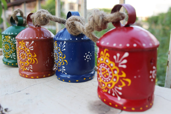 Hand Painted Iron Tin Cow Bells Hanging Chime Rustic Rope Indian Metal Crafts