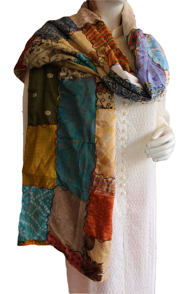 Recycled Silk Sari Patchwork Scarf Indian Silk Sari Stole Scarves Boho Fashion - Mangogiftsstore