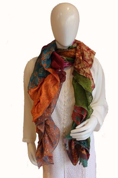 Recycle Silk Sari Frill Scarf Ruffle Scarves Multicolor Boho Fashion for Girls - Mangogiftsstore