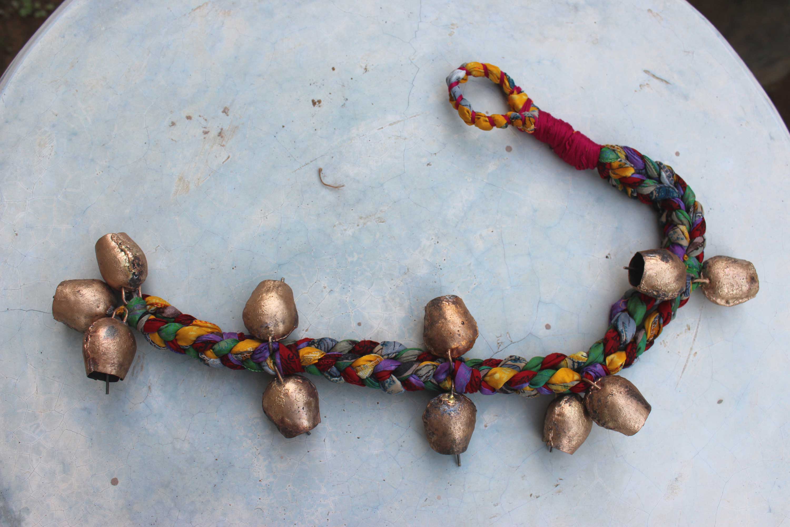 Enhance your space with our multicolor handmade chimes, featuring 11 tin bells and old silk sari. Perfect for relaxation and unique charm!