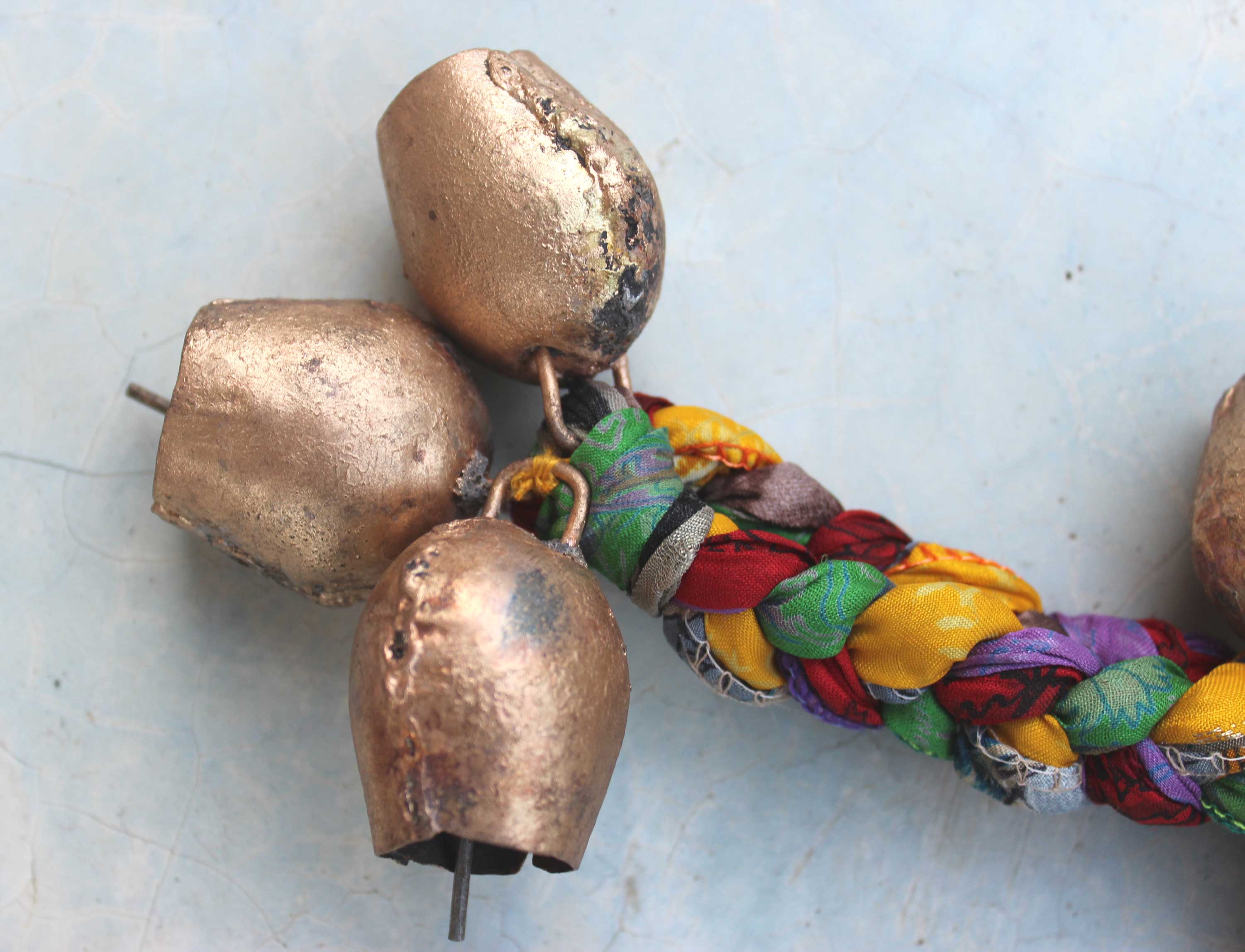 Enhance your space with our multicolor handmade chimes, featuring 11 tin bells and old silk sari. Perfect for relaxation and unique charm!