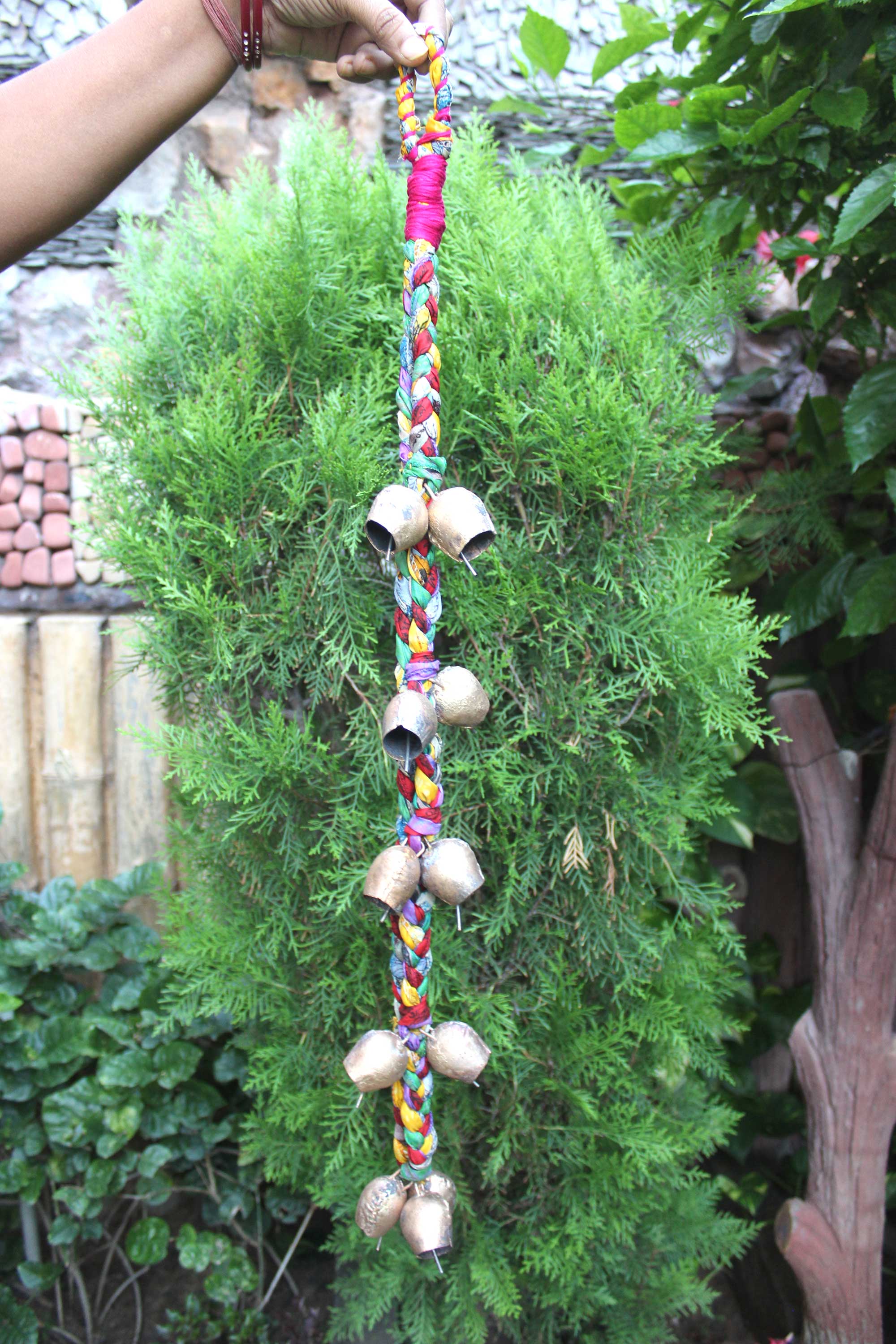 Enhance your space with our multicolor handmade chimes, featuring 11 tin bells and old silk sari. Perfect for relaxation and unique charm!