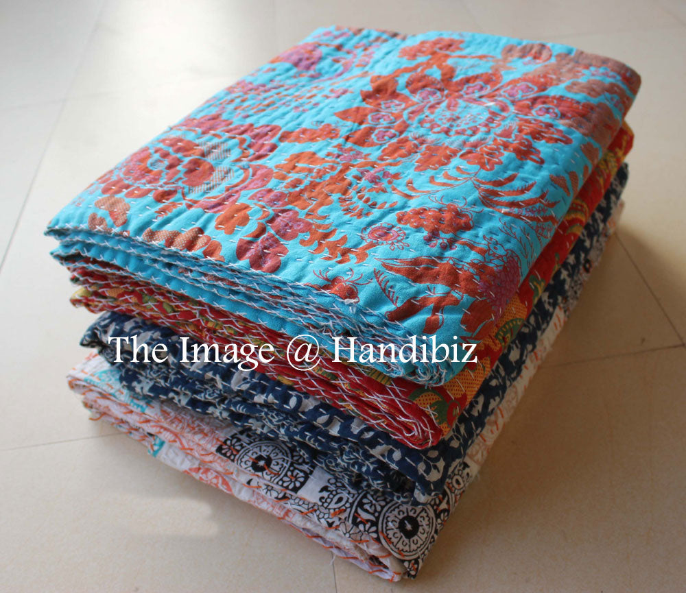 Twin Size Cotton Kantha Blanket/Bedspread/Becover/Bed throw Set of 6 pcs - Mangogiftsstore