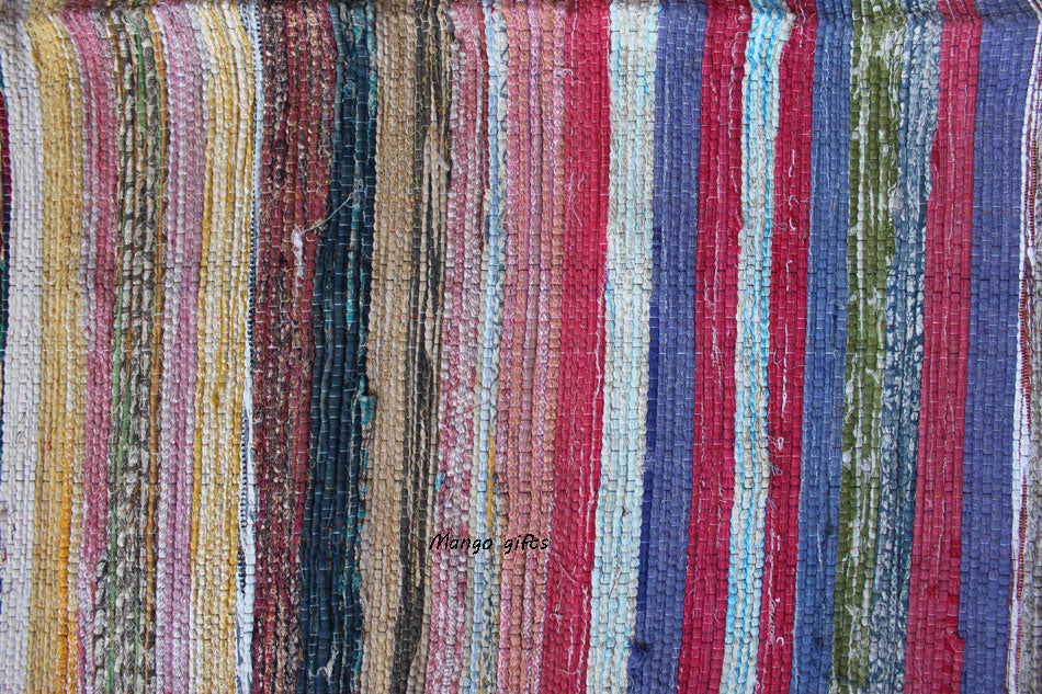100% Recycled Fabric Rag Rug Chindi Durrie Area Rugs Hand Loomed Striped Floor Mat - Mangogiftsstore