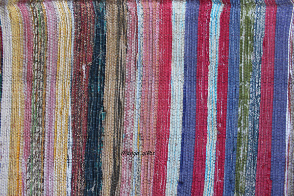 100% Recycled Fabric Rag Rug Chindi Durrie Area Rugs Hand Loomed Striped Floor Mat - Mangogiftsstore