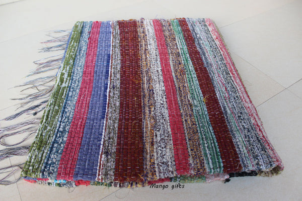 100% Recycled Fabric Rag Rug Chindi Durrie Area Rugs Hand Loomed Striped Floor Mat - Mangogiftsstore