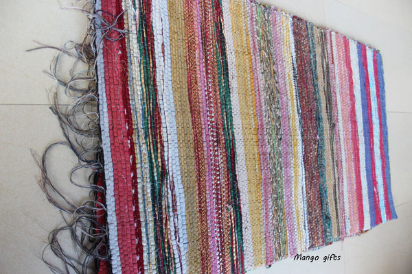 100% Recycled Fabric Rag Rug Chindi Durrie Area Rugs Hand Loomed Striped Floor Mat - Mangogiftsstore