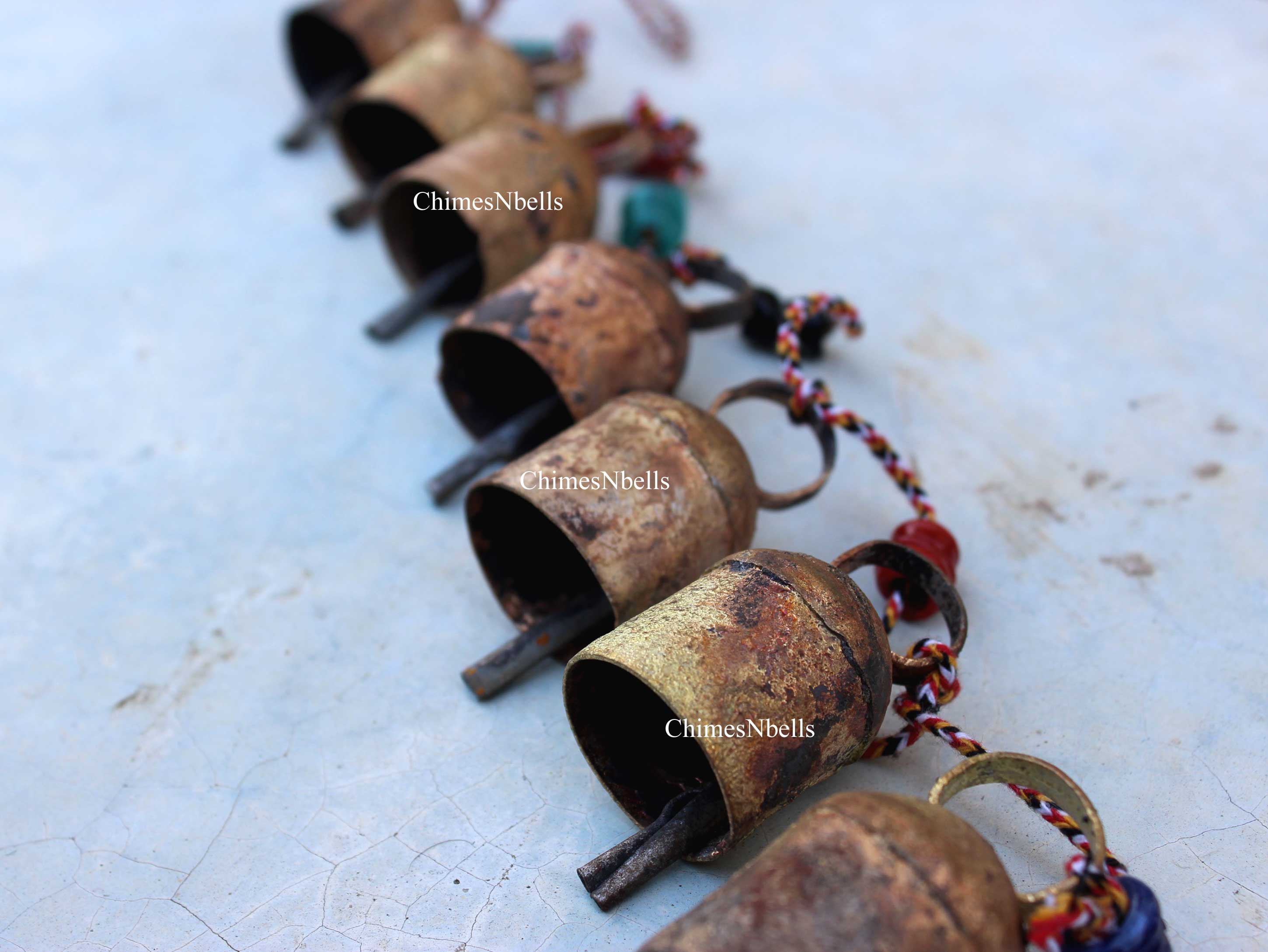7 Vintage Bells Hanging String Chimes Door Hangings 70 cm Length Indian Metal Crafts - Mangogiftsstore